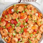 Close up of a bowl of Kung Pao Shrimp with text overlay.
