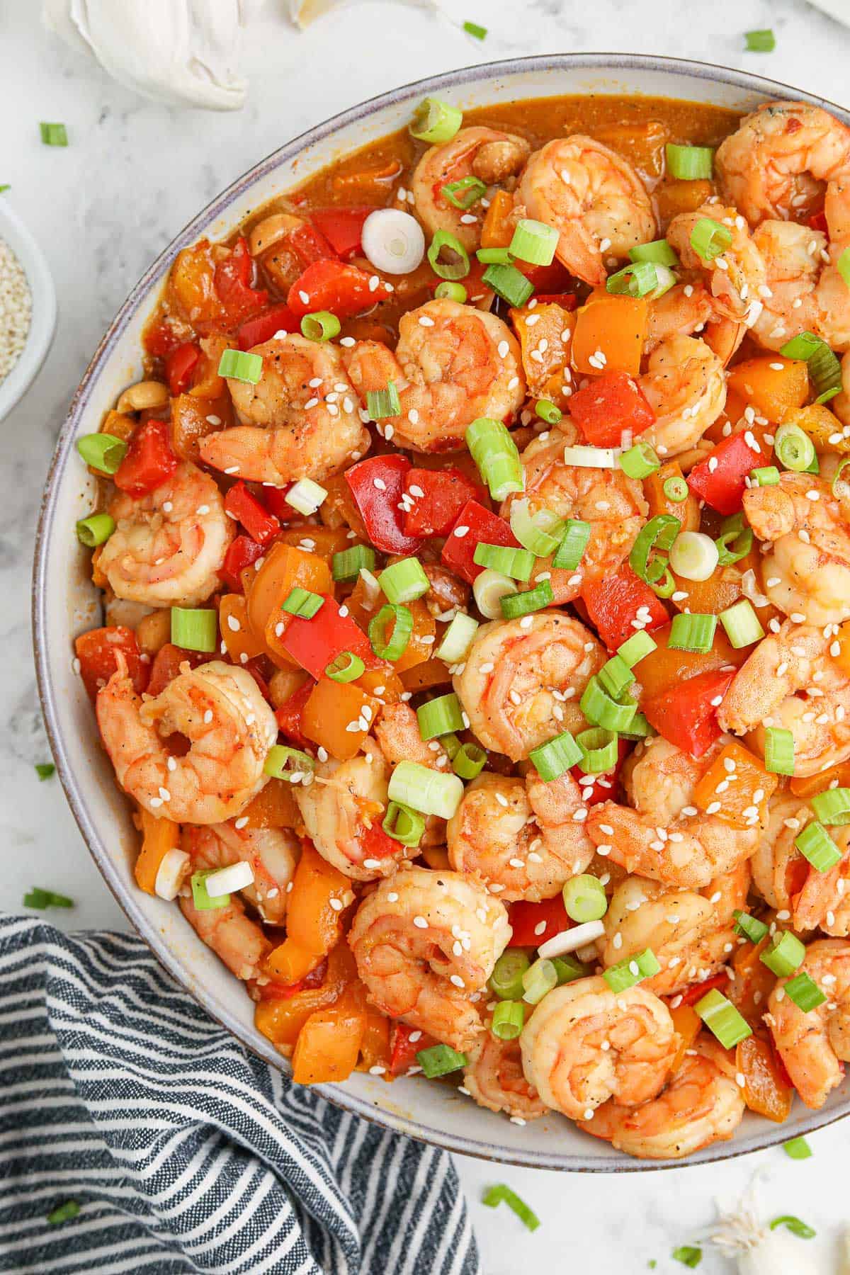 Close up of a large bowl of Kung Pao Shrimp.
