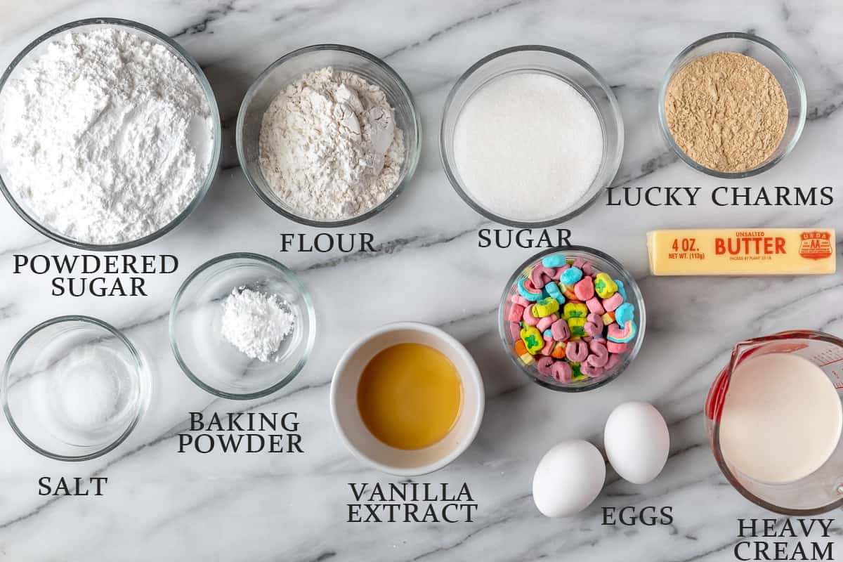 Ingredients needed to make lucky charms cupcakes with text overlay.