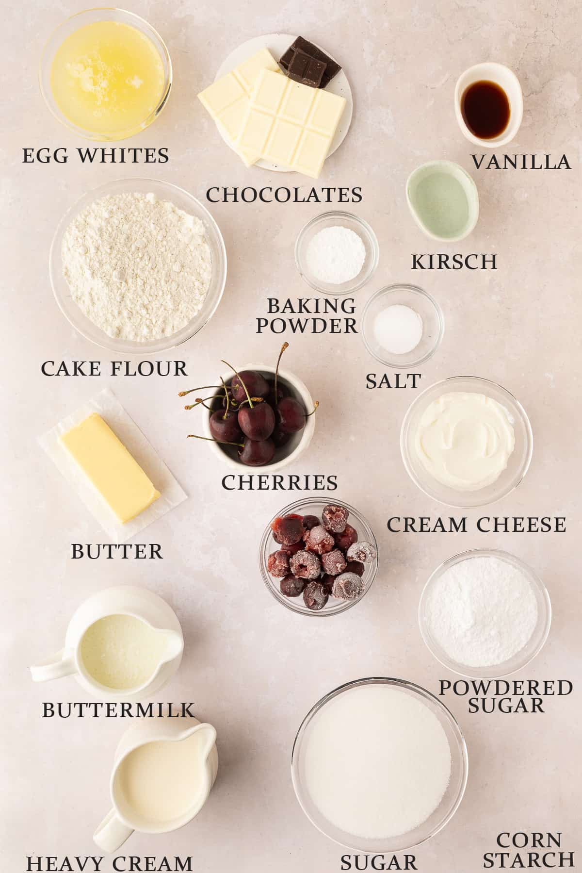Ingredients needed to make a white forest cake on a light pink background with text overlay.