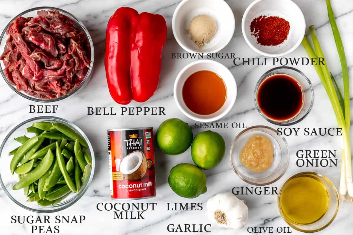 Ingredients needed to. make ginger beef stir fry with text overlay.