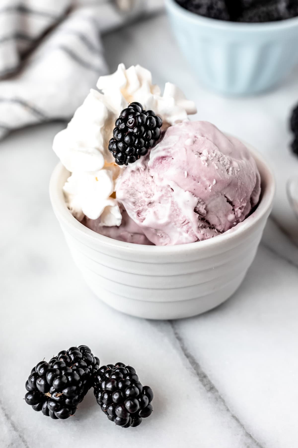 A small white bowl of blackberry ice cream topped with whipped cream and a blackberry.