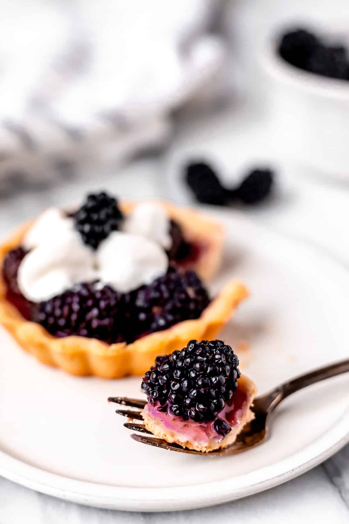 A blackberry tartlet with a bite on a fork in front of it on a small white plate with blackberries, a towel and small white bowl in the background.