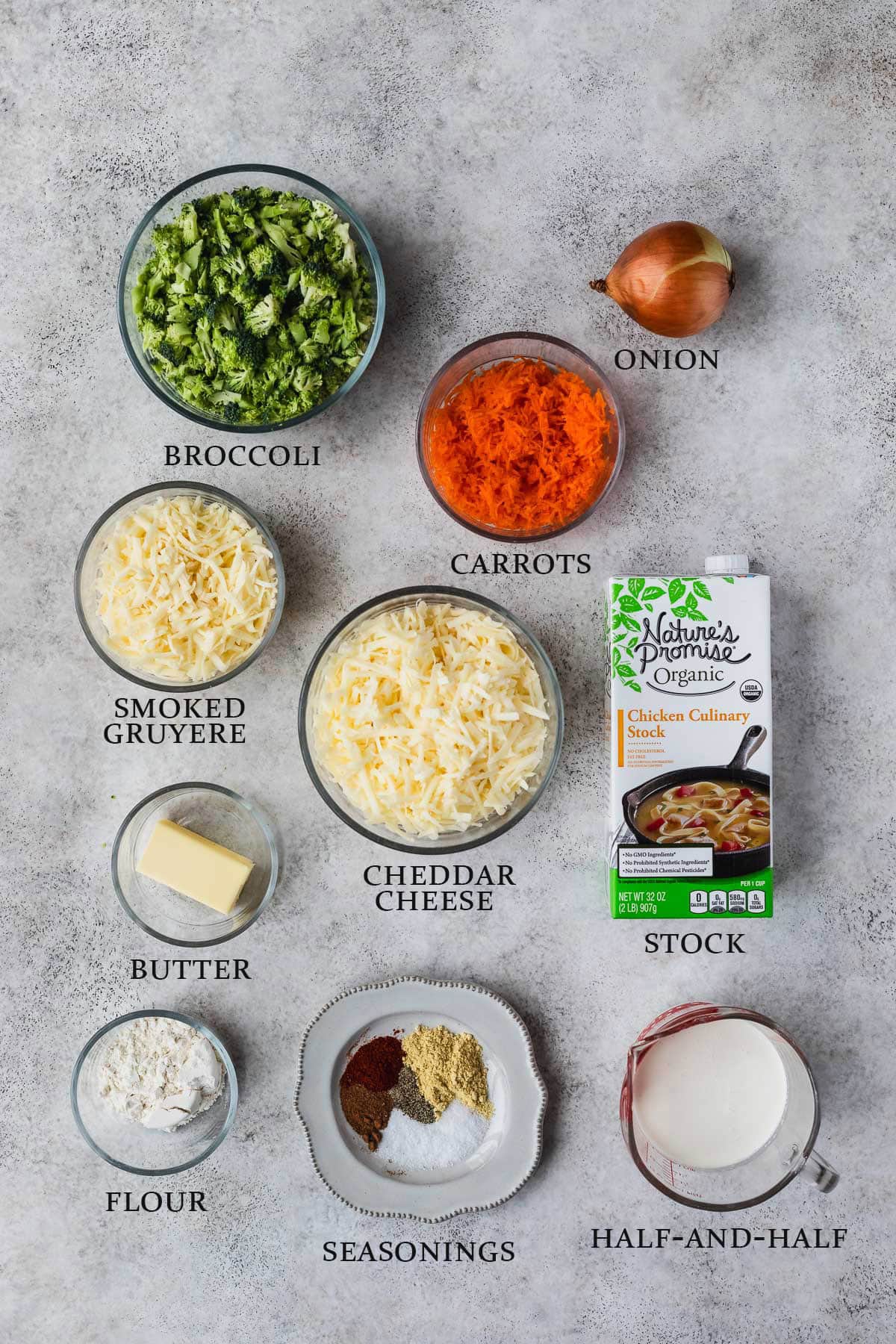 Ingredients needed to make instant pot broccoli cheese soup on a light background with text overlay.