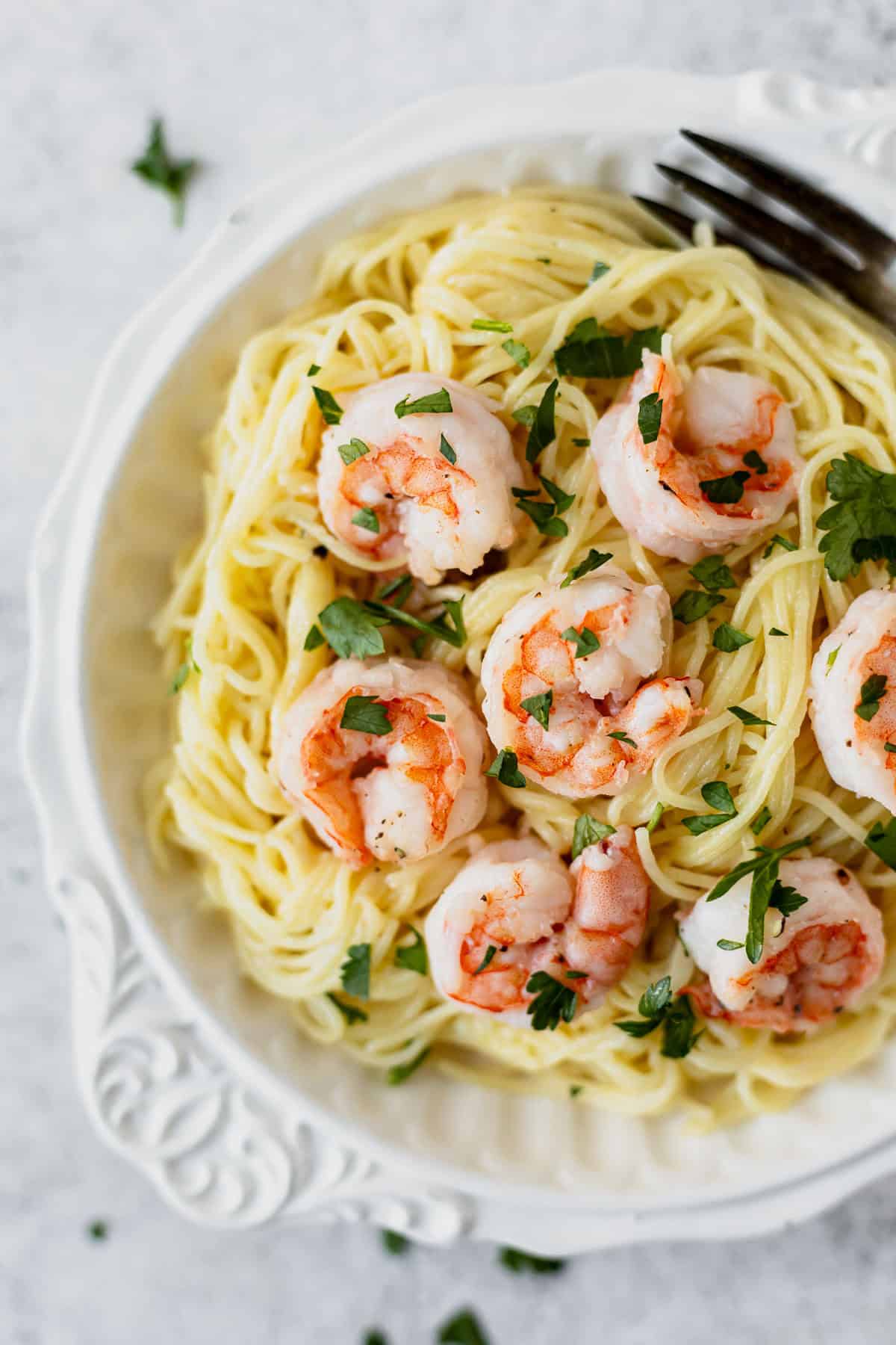 Close up of a white bowl filled with shrimp parmesan pasta.