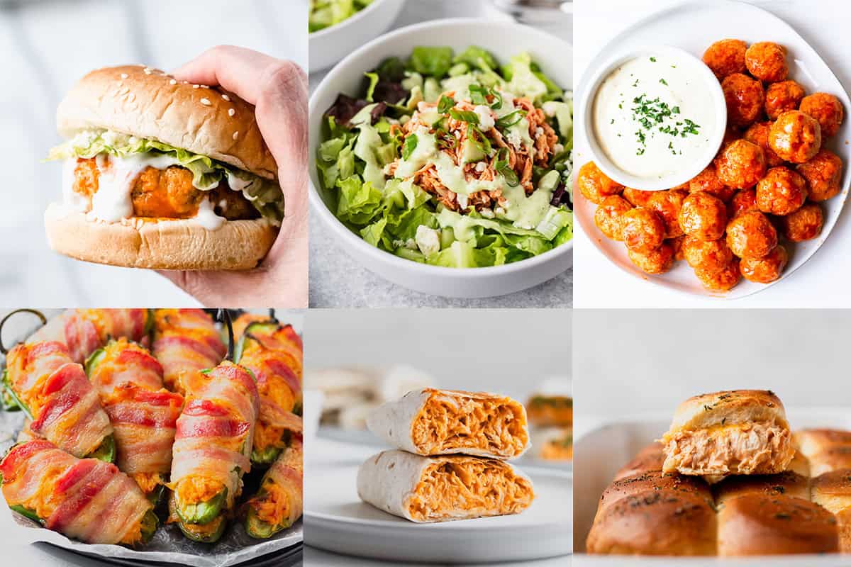 A 6 image collage of buffalo chicken recipes.