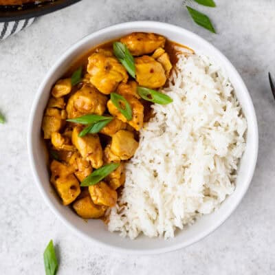 Overhead view of a bowl of vadouvan chicken curry and rice.