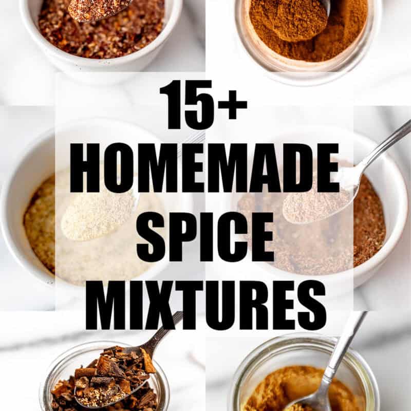 A partial collage of 6 different homemade spice mixes with text that reads 15+ homemade spice mixes.