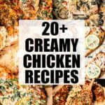 A collage of 6 different creamy chicken recipes with text overlay.